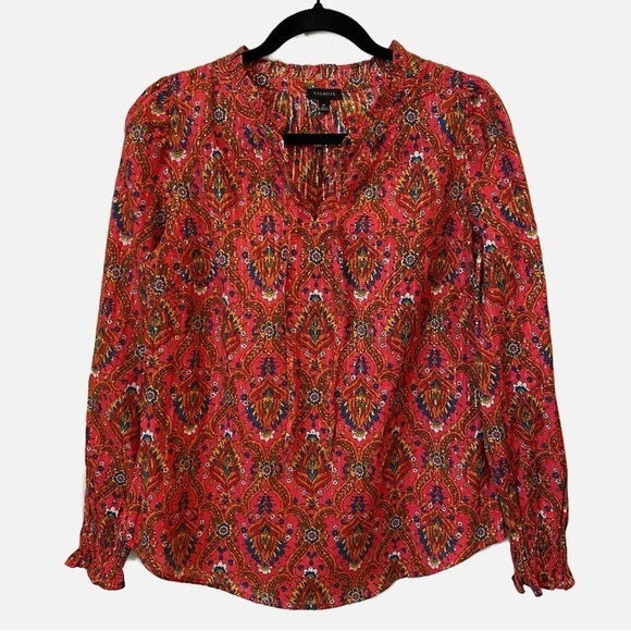 Talbots Ruffle Neck Floral Lattice Bright Berry Popover Blouse XSmall - Picture 3 of 10